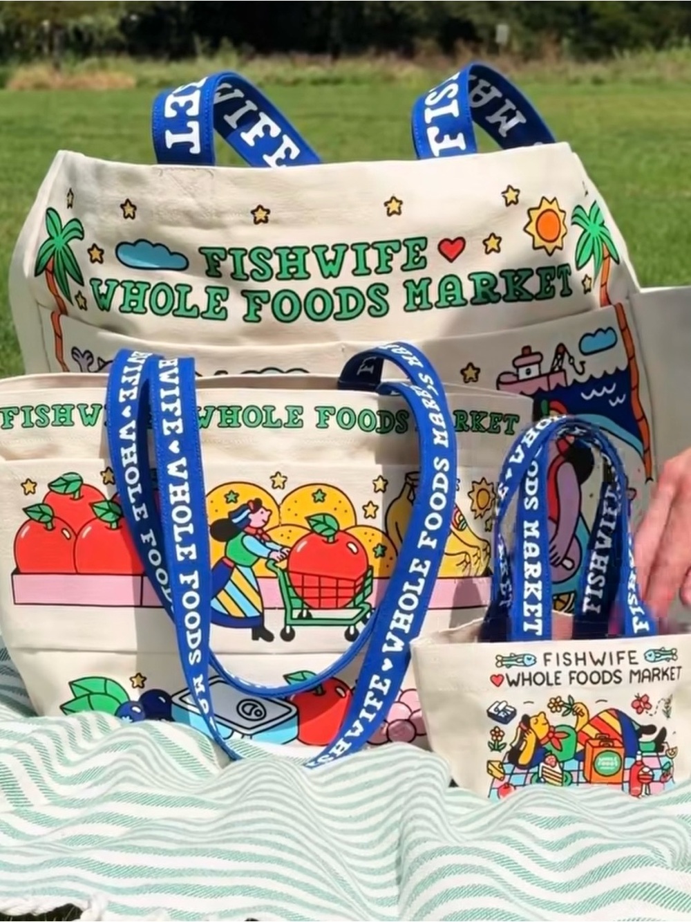 Whole Foods Market Fishwife Canvas Tote Bags – Set of 3 (micro, mini, and large)